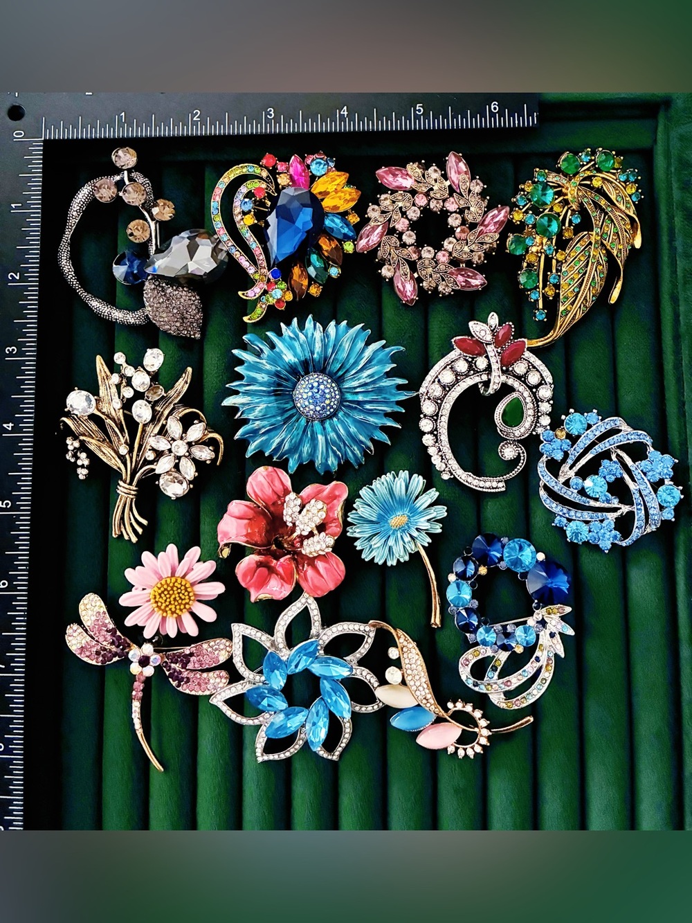 15pc Mixed Floral Rhinestone Brooch Pin Lot Sunflower Daisy Dragonfly Jewelry